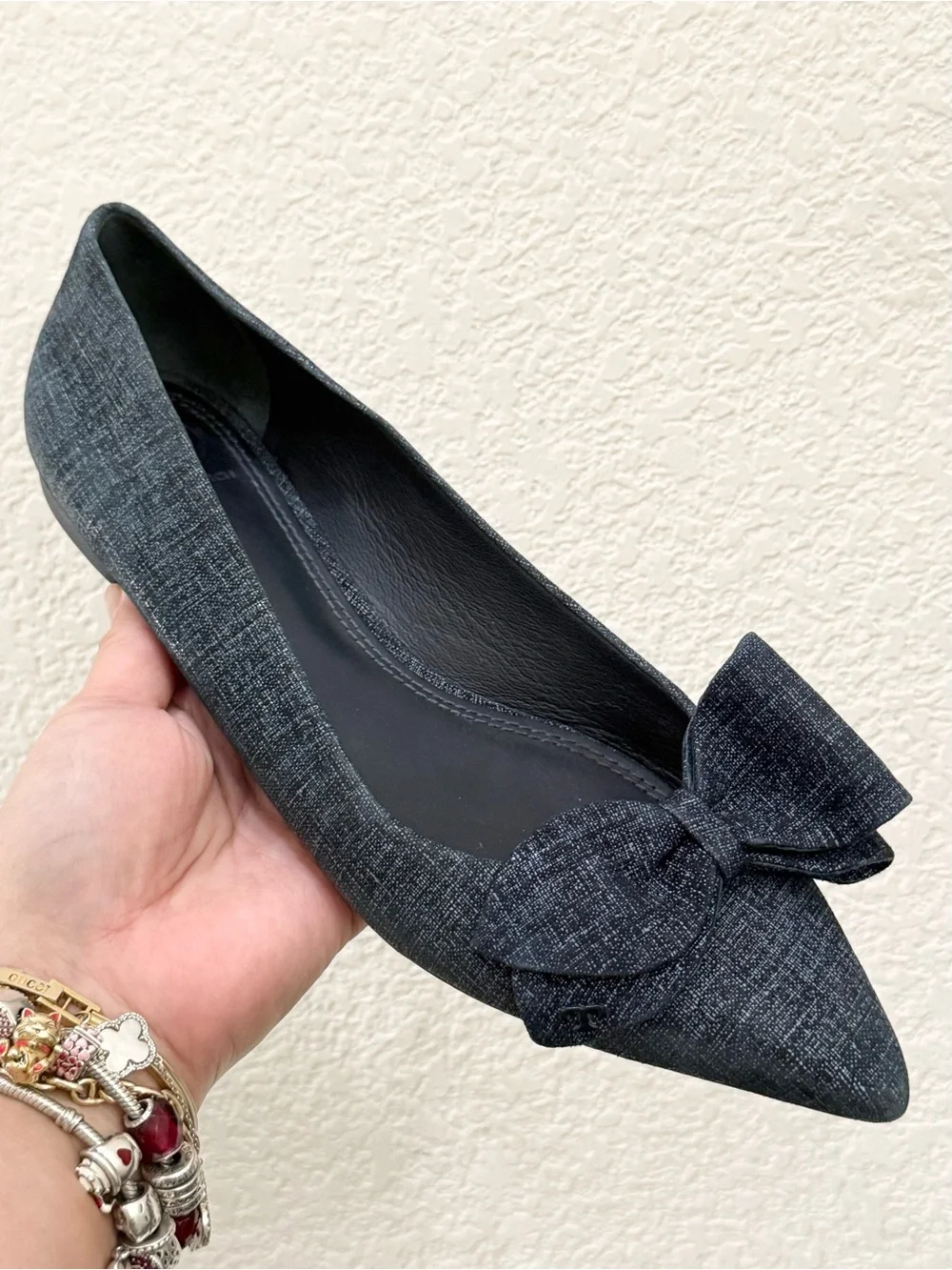 TORY BURCH Rosalind Navy Blue Denim Print Textured Suede Ballet Flats Size 8M